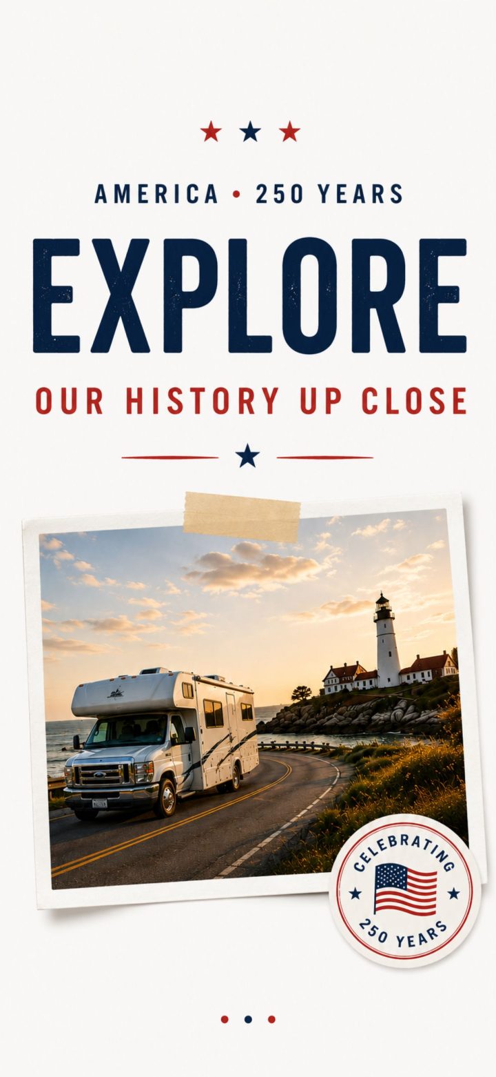 A motorhome drives along a coastal road near a lighthouse at sunset, with text promoting America's semiquincentennial anniversary and exploring history.
