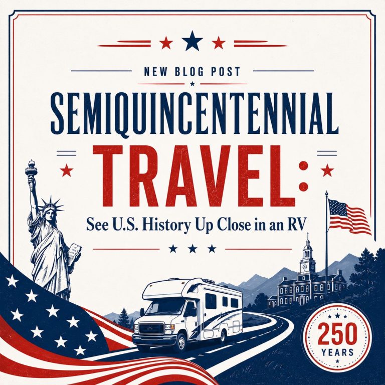 Patriotic travel blog graphic with an RV, the Statue of Liberty, Independence Hall, and an American flag, promoting U.S. history travel for the semiquincentennial 250th anniversary.