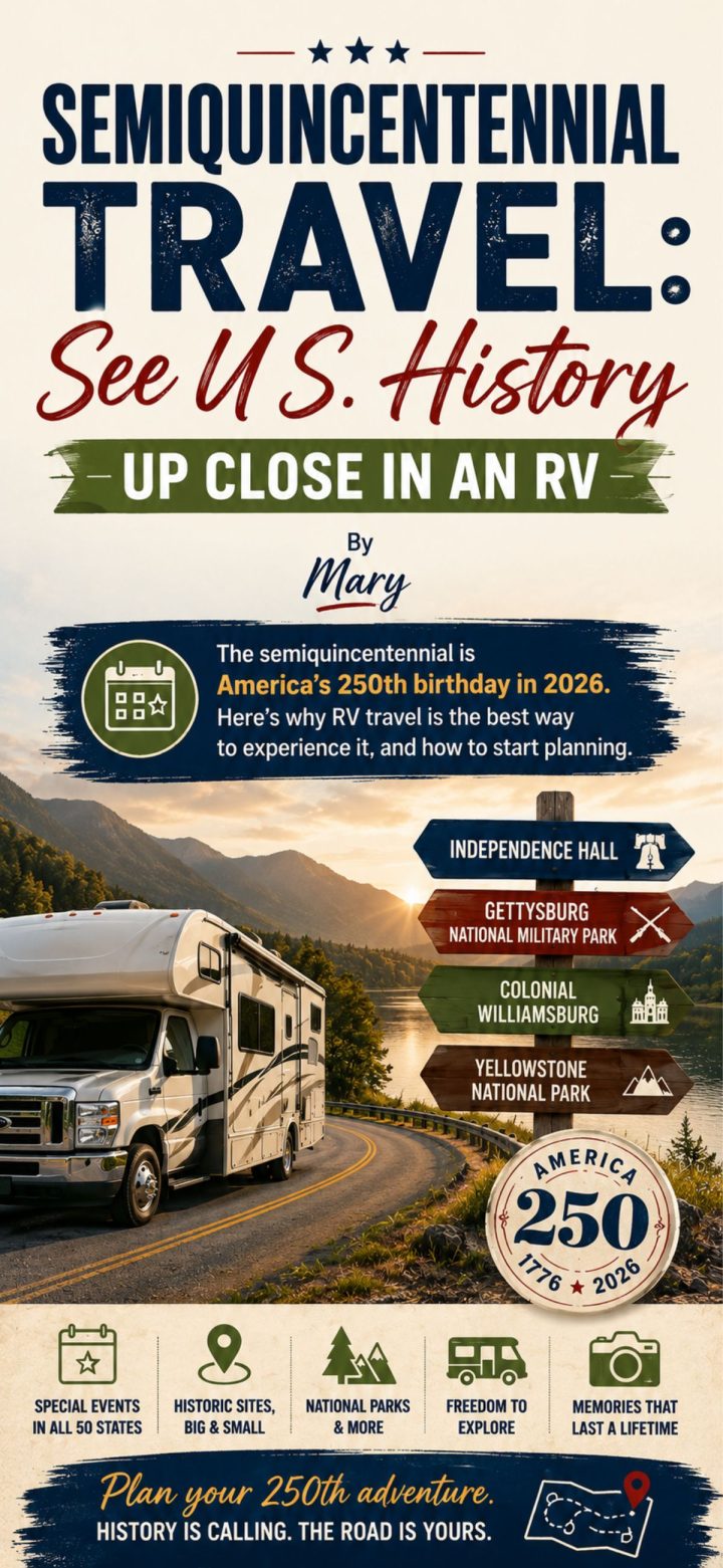 Infographic promoting RV travel for America’s semiquincentennial in 2026, featuring national parks, an RV image, and planning tips for visiting historic sites across the U.S.
