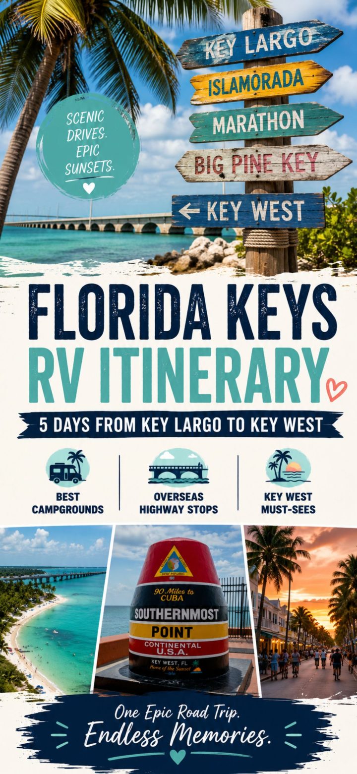 A colorful travel itinerary poster for a 5-day Florida Keys RV itinerary from Key Largo to Key West, featuring highlights, signage, beach scenes, and the iconic Southernmost Point landmark.