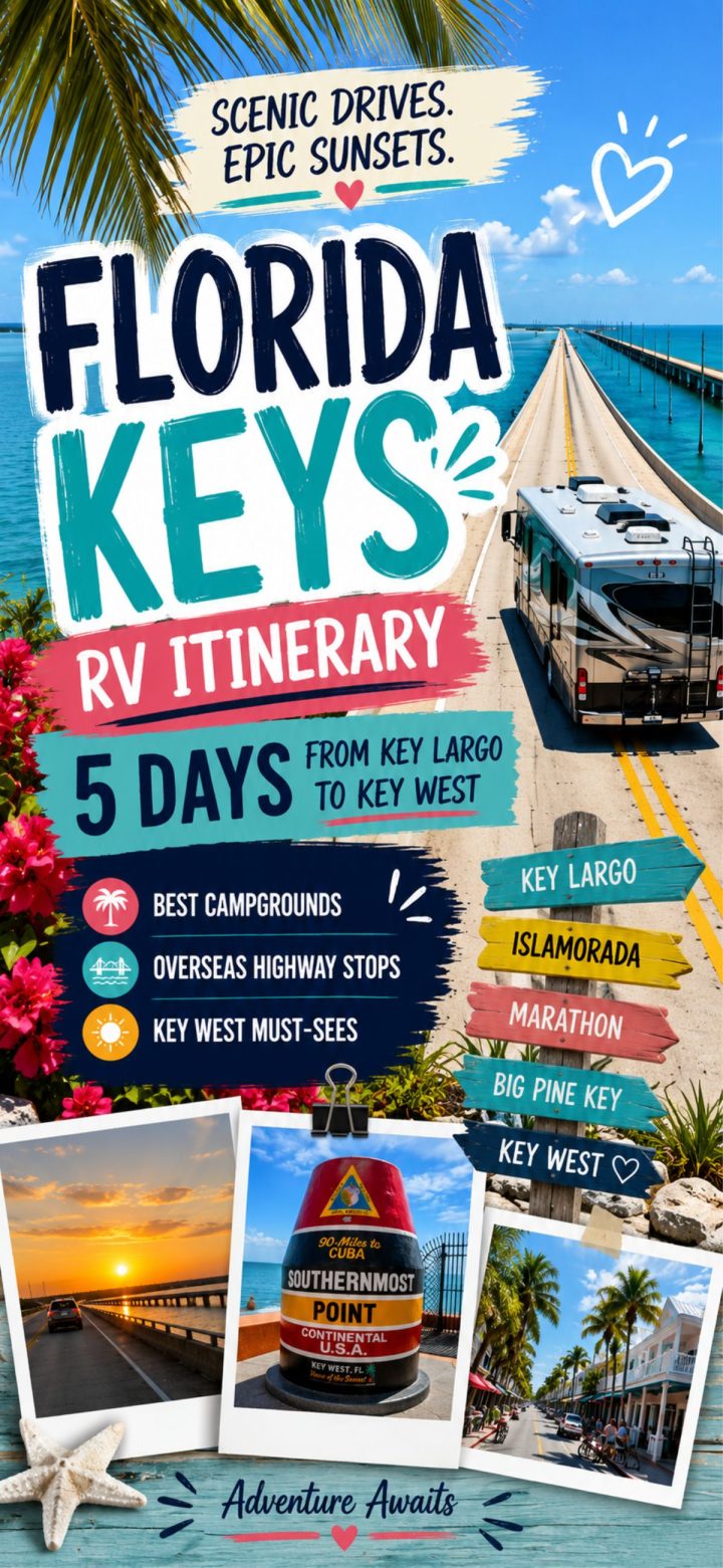 A colorful infographic promoting a 5-day Florida Keys RV itinerary, highlighting campgrounds, highway stops, must-see sights, and top destinations from Key Largo to Key West.