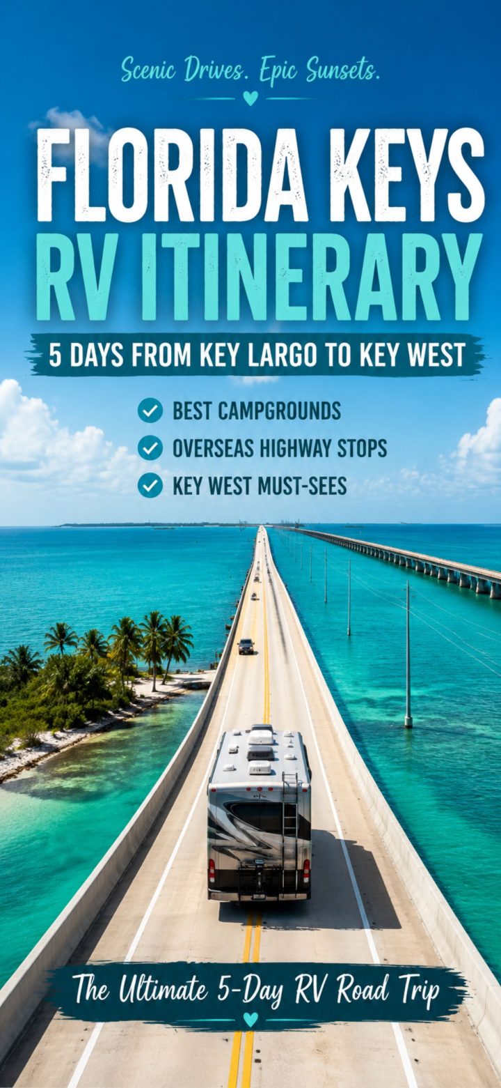 An RV travels along a long bridge over turquoise water dotted with palm trees; text highlights a 5-day RV trip and Florida Keys RV itinerary from Key Largo to Key West.