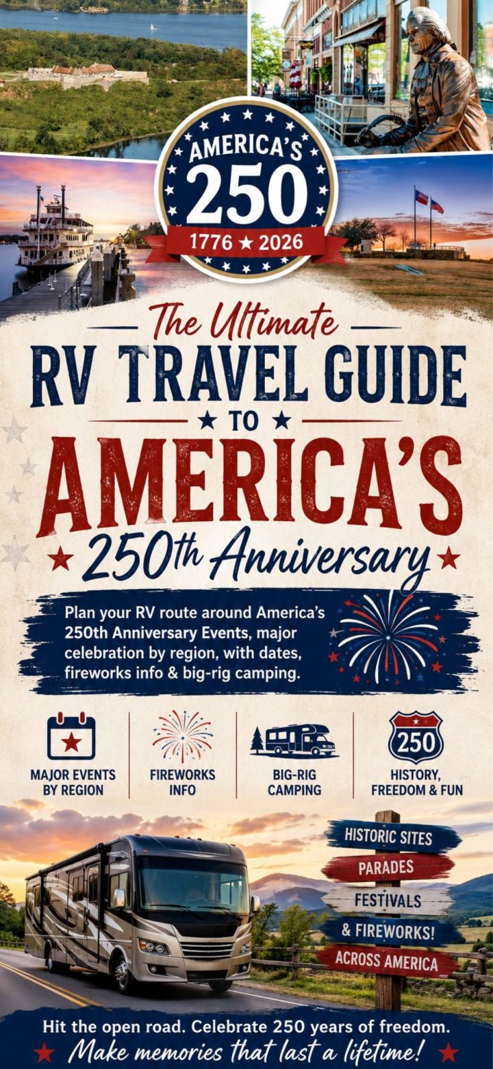 Poster for "The Ultimate RV Travel Guide to America’s 250th Anniversary" featuring fireworks, RVs, and America 250th anniversary events like parades, festivals, and camping highlights across the nation.