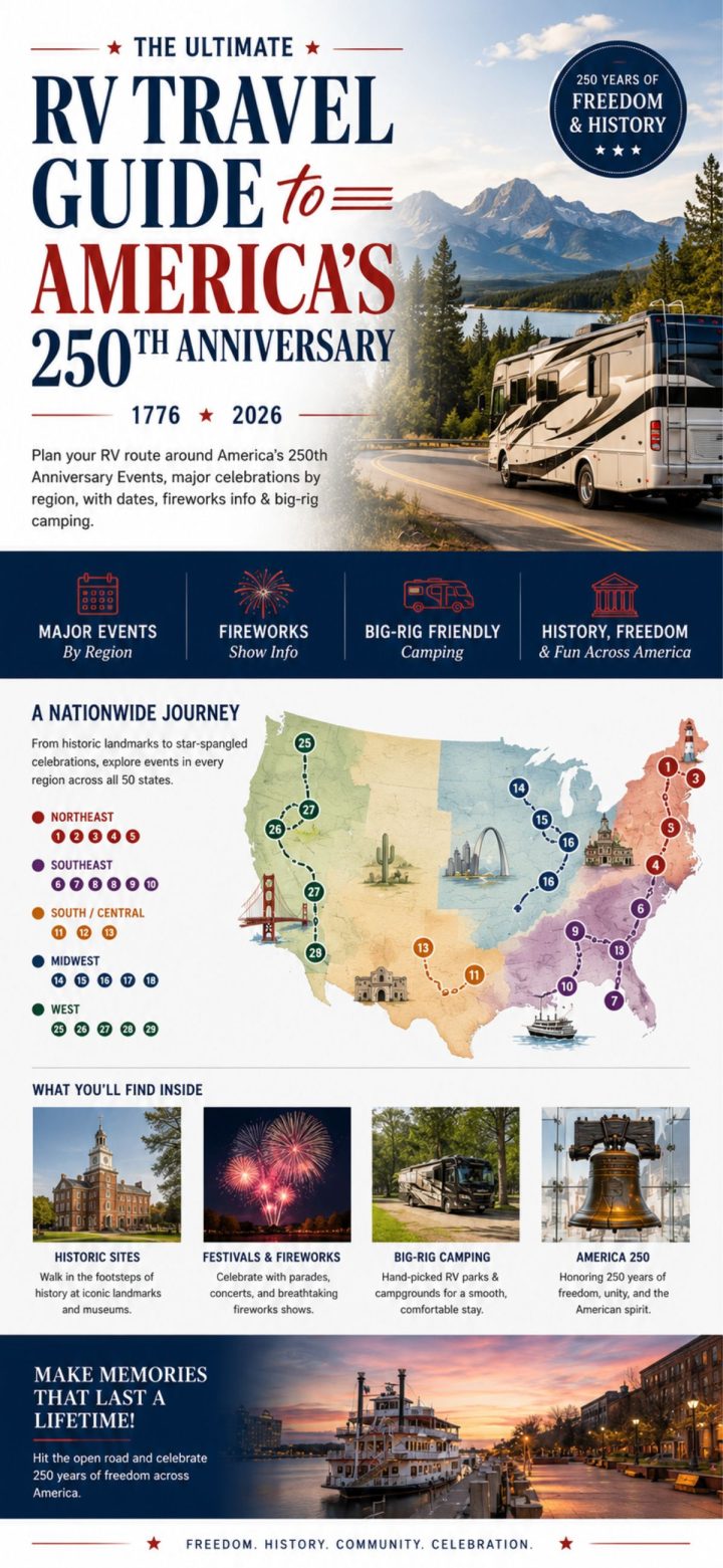 Infographic titled "The Ultimate RV Travel Guide to America’s 250th Anniversary" features routes, a travel map, photos of an RV, regional highlights, and top America 250th anniversary events for 2026.