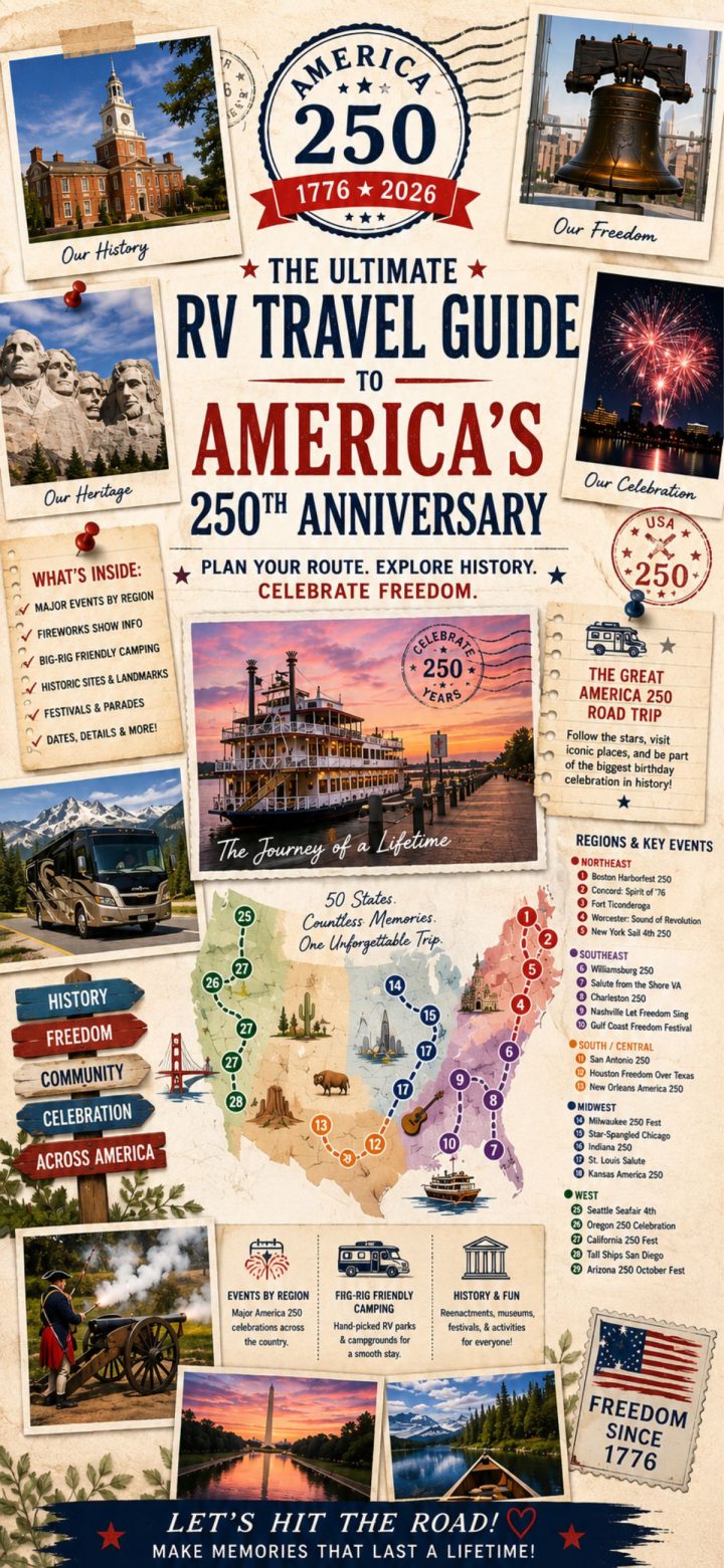 Infographic for the America 250th anniversary RV travel guide, highlighting historic sites, states, and travel routes, with photos of landmarks, travel tips, and featured America 250th anniversary events.
