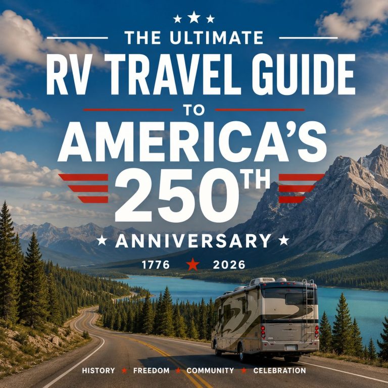 An RV drives on a winding road by a lake and mountains, with text promoting "The Ultimate RV Travel Guide to America’s 250th Anniversary, 1776-2026," featuring top America 250th anniversary events across the country.