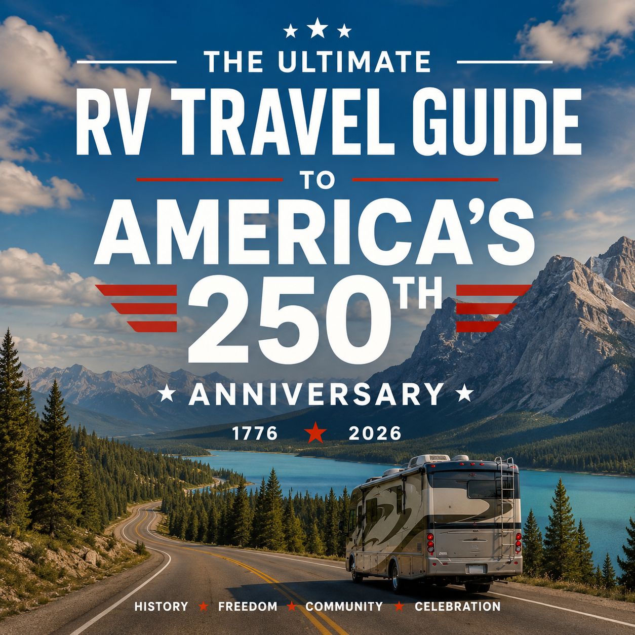 An RV drives on a winding road by a lake and mountains, with text promoting "The Ultimate RV Travel Guide to America’s 250th Anniversary, 1776-2026," featuring top America 250th anniversary events across the country.