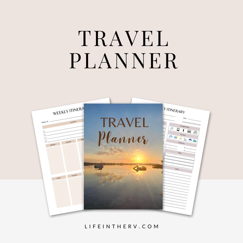 Travel planner booklet with a cover showing a sunset over water, flanked by two weekly itinerary planning sheets—perfect for organizing your Florida Keys RV itinerary from Key Largo to Key West or mapping out a 5-day adventure.