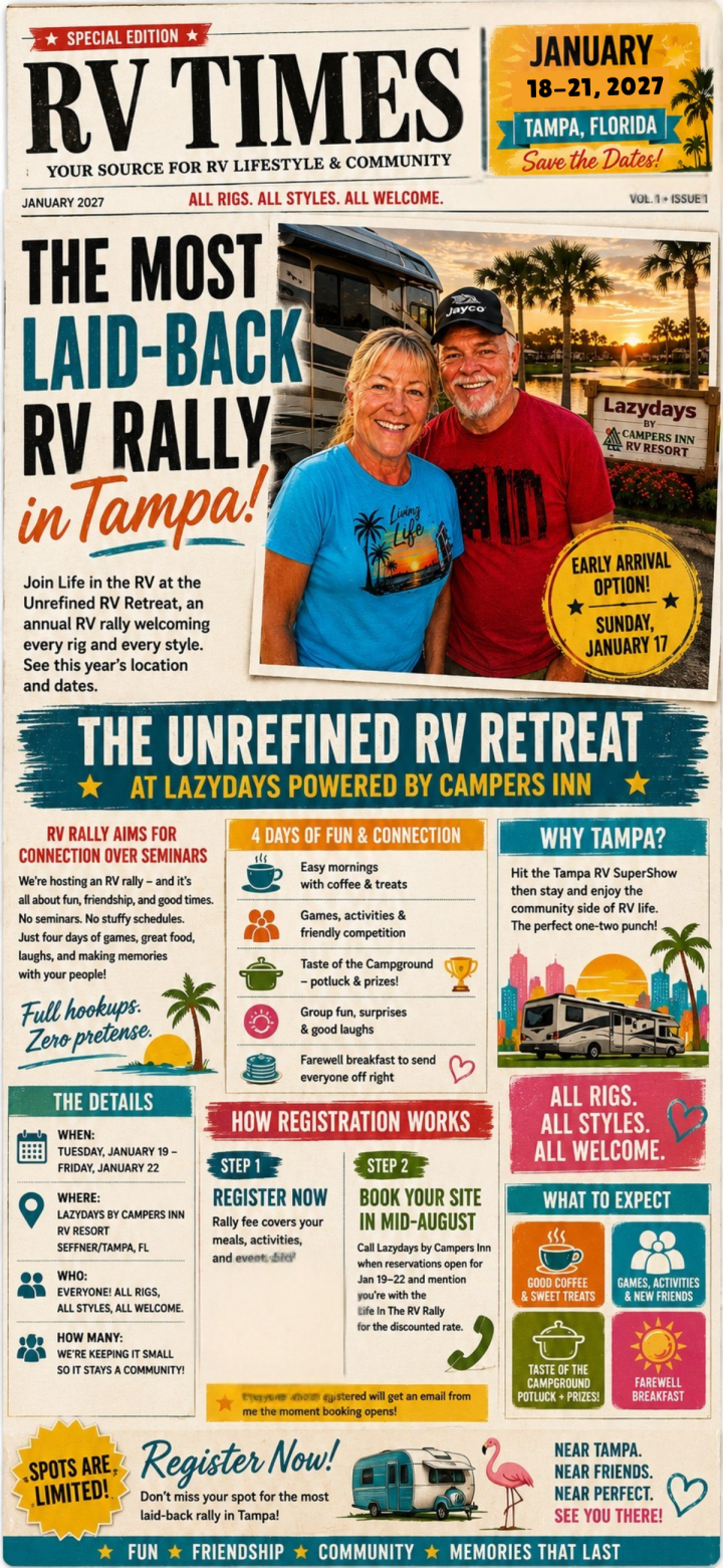 A flyer for the "Unrefined RV Retreat" in Tampa, Florida, featuring a smiling couple, event details for January 2027, and information on activities, registration, and the event location.