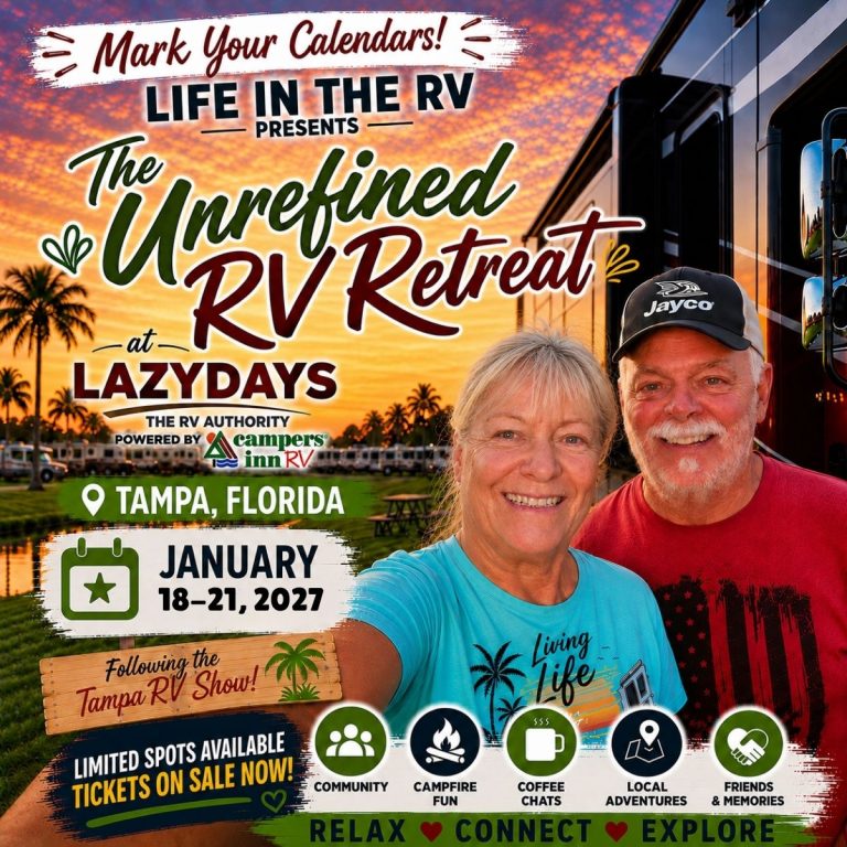 Smiling older couple stands in front of an RV at sunset, promoting "The Unrefined RV Retreat"—an exciting rv rally event in Tampa, Florida, happening January 18-21, 2027.