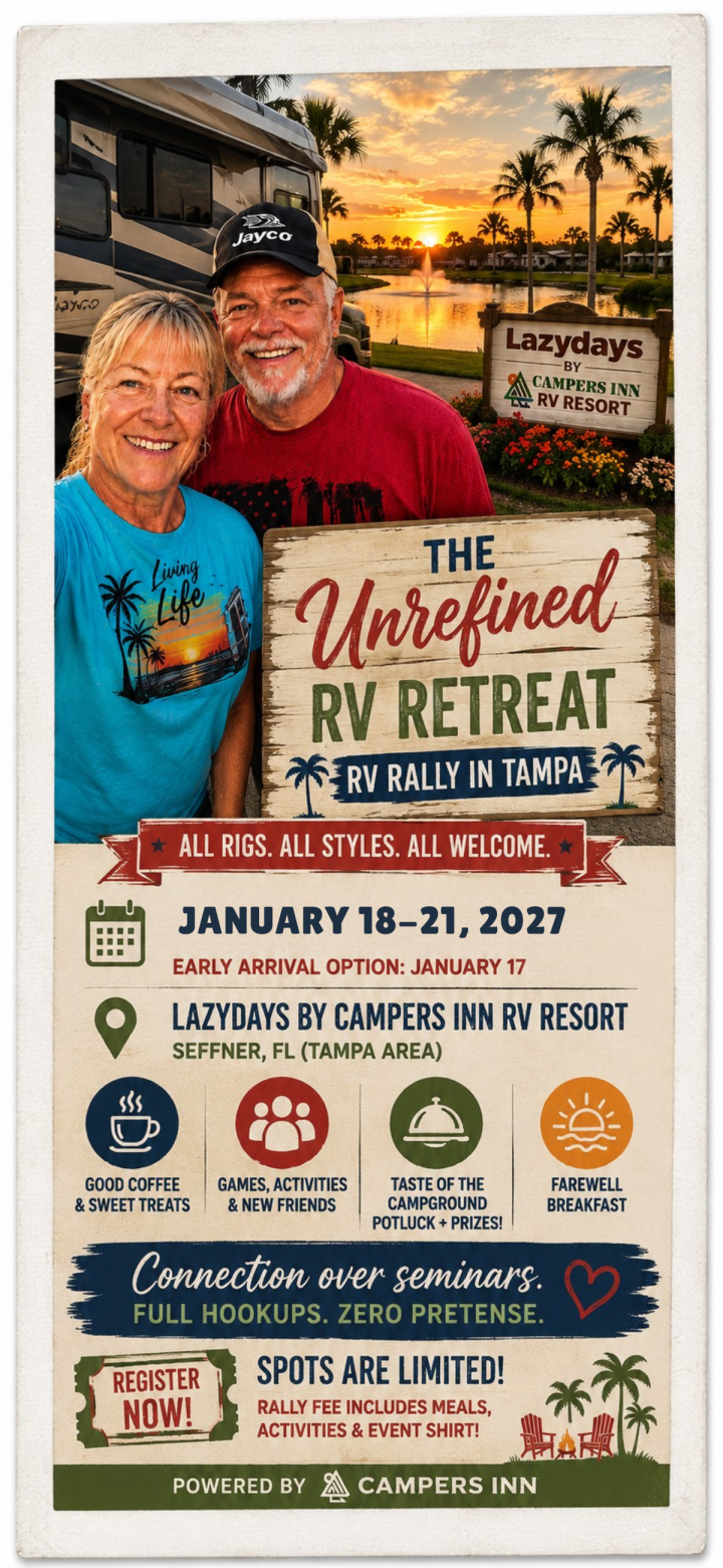 Promotional flyer for The Unrefined RV Retreat in Tampa, FL, held January 18–21, 2027, at Lazydays RV Resort, featuring event details and activities.