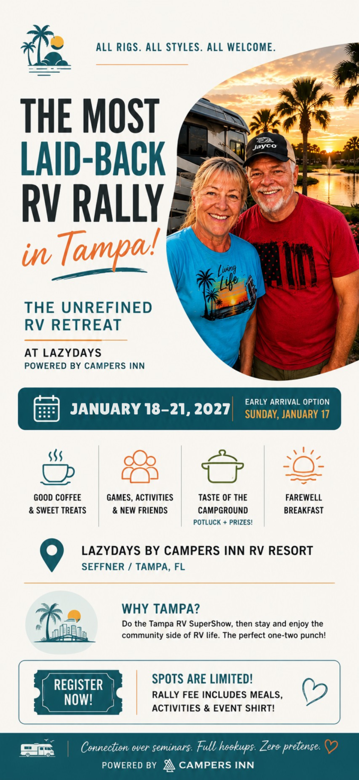 Two smiling people stand in front of an RV. Text promotes a laid-back RV rally in Tampa, scheduled for January 18-21, 2027, at Lazydays by Campers Inn RV Resort.