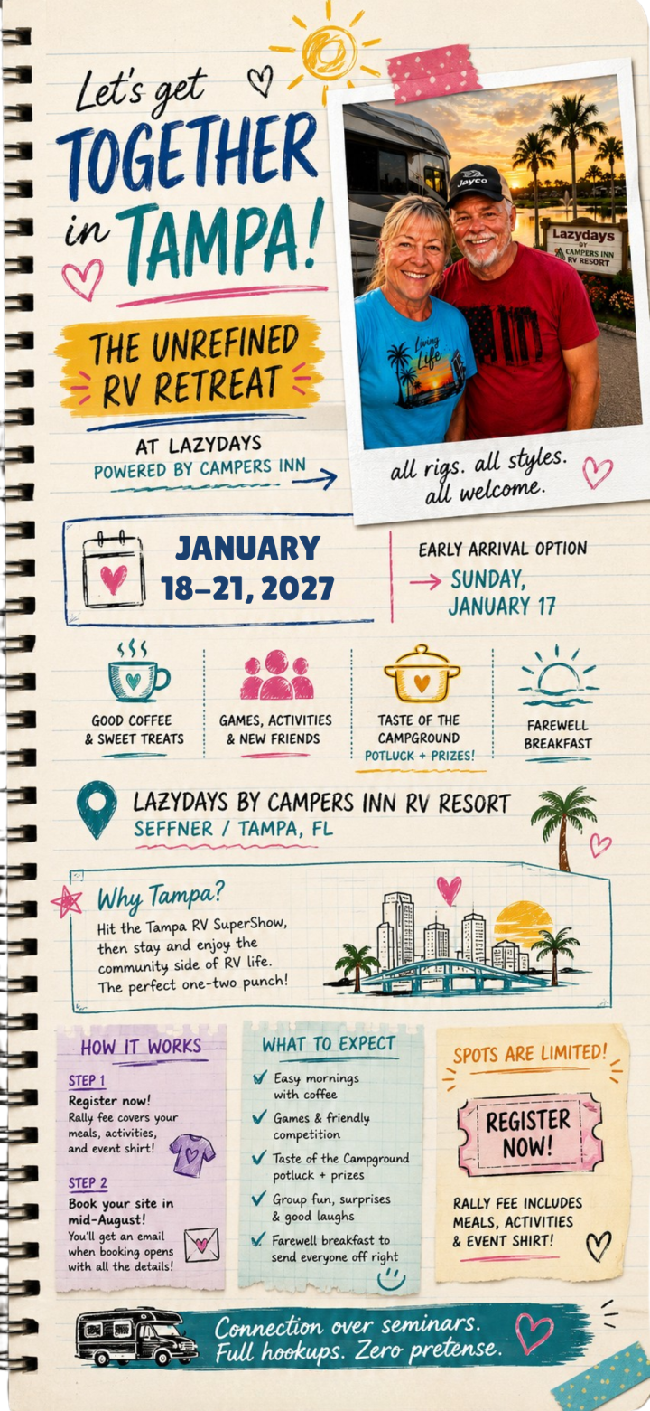 Flyer for "The Unrefined RV Retreat" in Tampa, January 18-21, 2027, at Lazydays by Campers Inn RV Resort, featuring RV event info, activities, site details, and registration instructions.