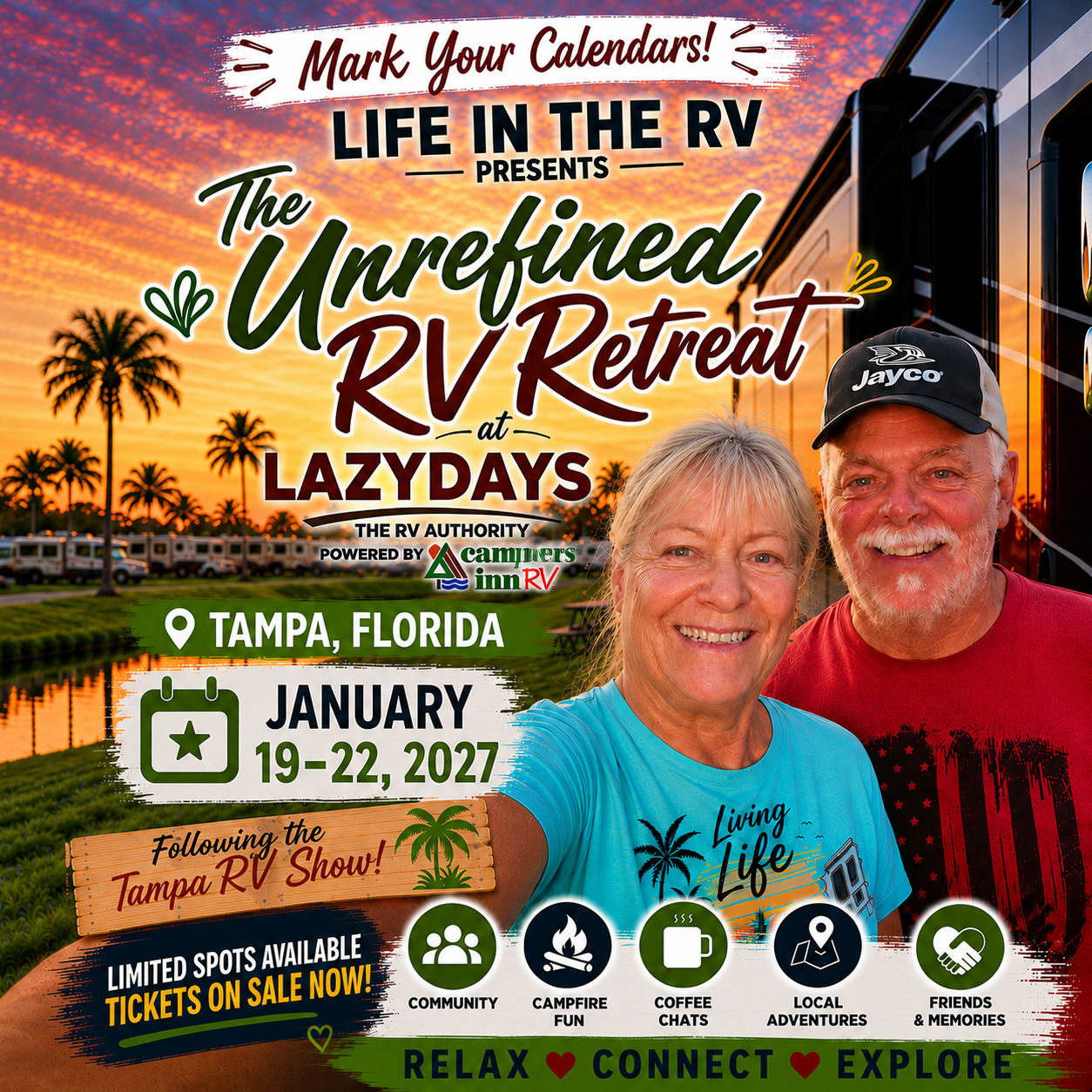 A smiling older couple stands in front of an RV at sunset, promoting the Unrefined RV Rally and Retreat in Tampa, Florida, January 19–22, 2027, with event details and icons shown.