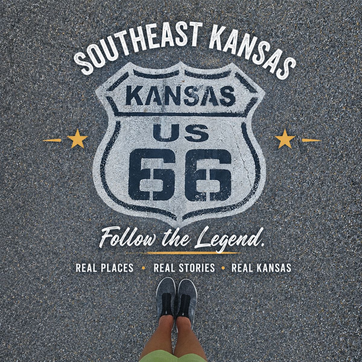 A person stands on asphalt near a painted Route 66 shield and the words "Southeast Kansas," celebrating real places, stories, and the authentic spirit of Kansas.