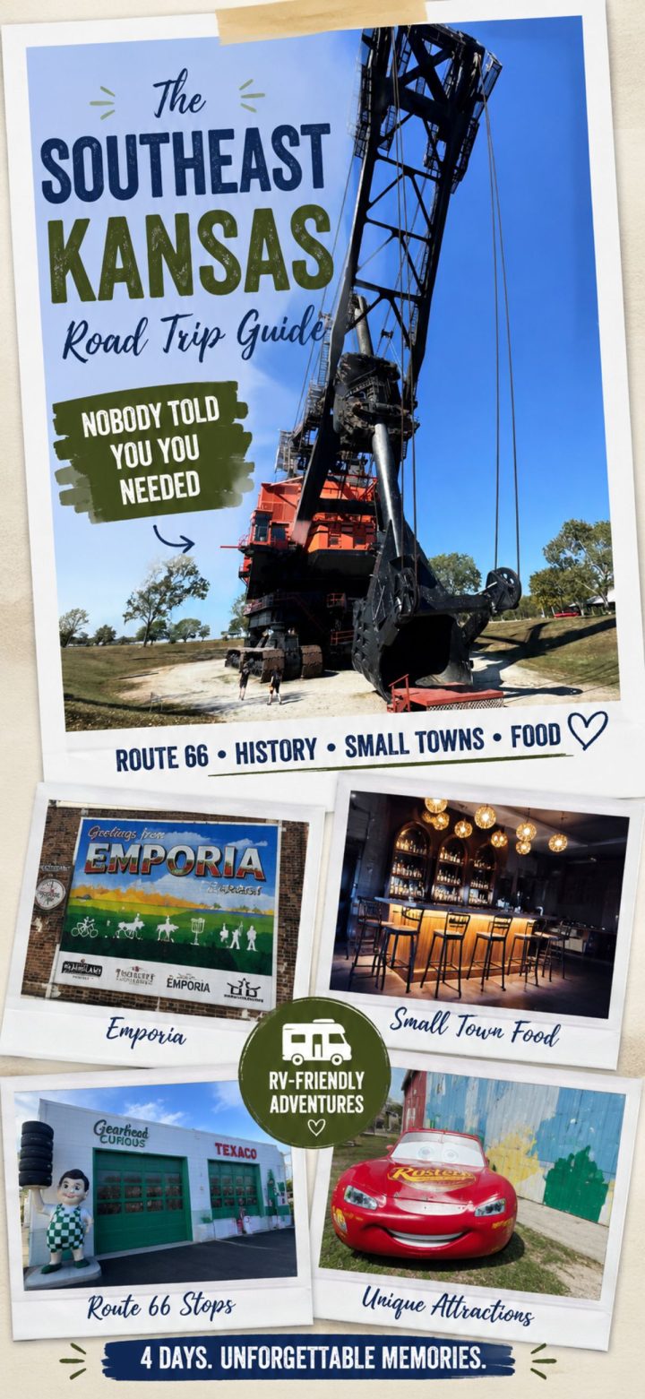 A collage promoting the Southeast Kansas Road Trip Guide, featuring a large excavator, Southeast Kansas attractions, food stops, and Route 66 landmarks with text highlighting a 4-day adventure.