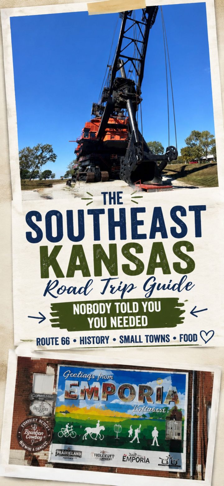A large industrial crane on display outdoors, framed by a clear blue sky. Below, a mural reads “Greetings from Emporia, Kansas.” Discover this and more in our Southeast Kansas road trip guide.