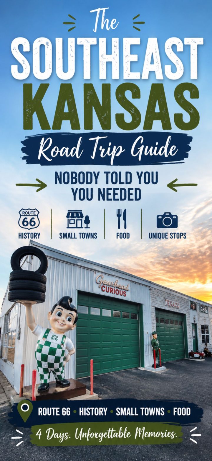 Exterior of a roadside building with vintage Texaco signage and a large statue of a boy in checkered overalls; text promotes an unforgettable Southeast Kansas road trip guide.