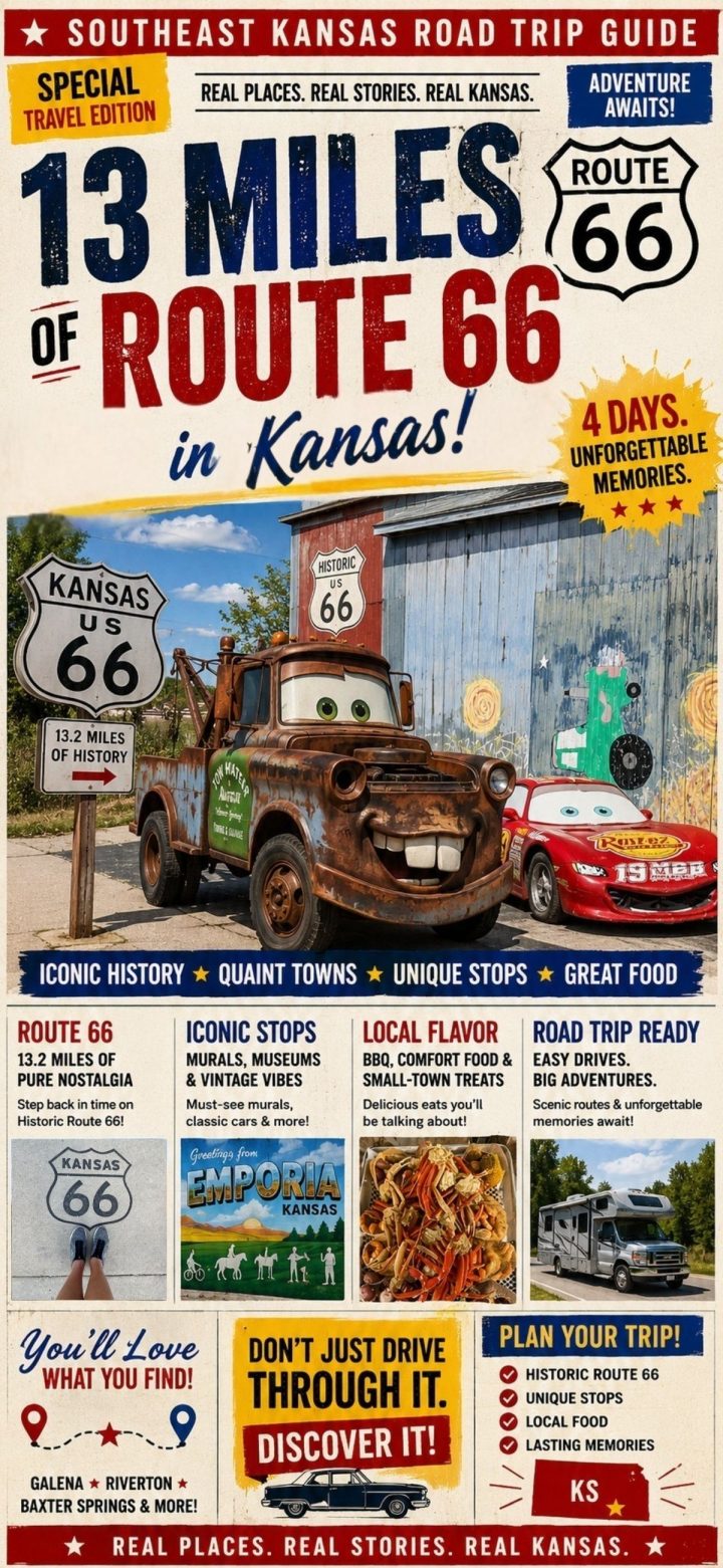 Colorful travel guide poster promoting 13 miles of Route 66 in Southeast Kansas, featuring landmarks, local attractions, and images of classic cars and road signs.