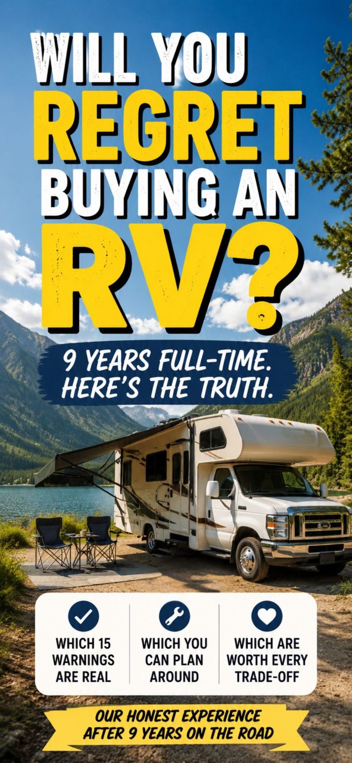A motorhome parked by a lake with mountains in the background; text discusses full-time RV living, common concerns, and addresses the question: Will You Regret Buying an RV after 9 years of experience.
