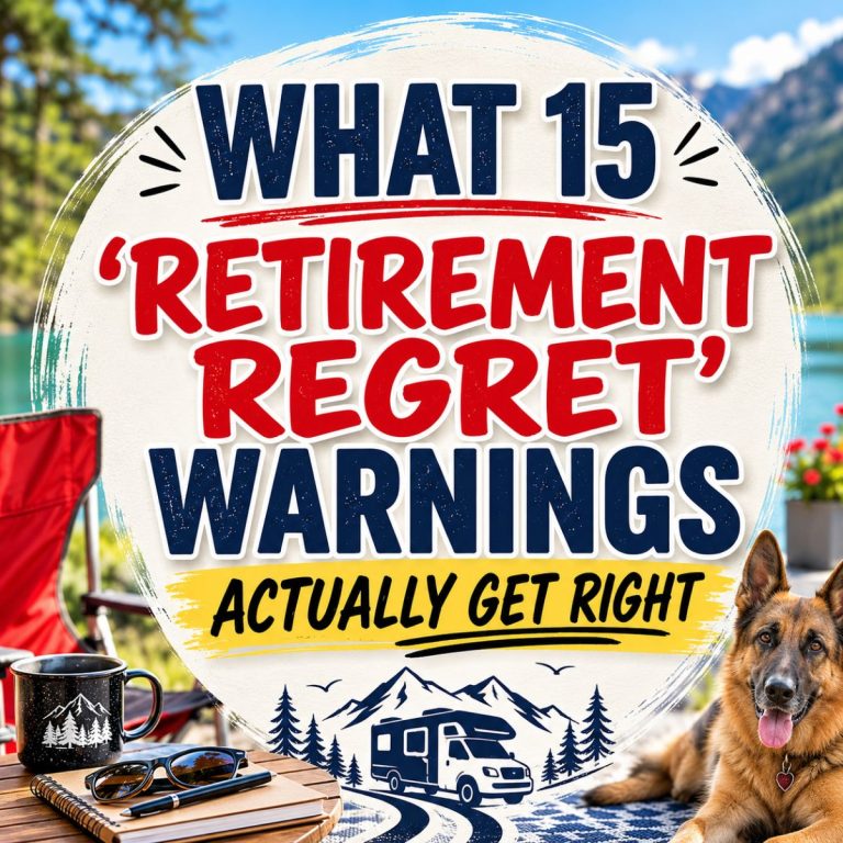 A sign reads, "What 15 'Retirement Regret' Warnings Actually Get Right," with outdoor scenery, a coffee mug, sunglasses, and a dog in the foreground—raising the question: Will You Regret Buying an RV?.