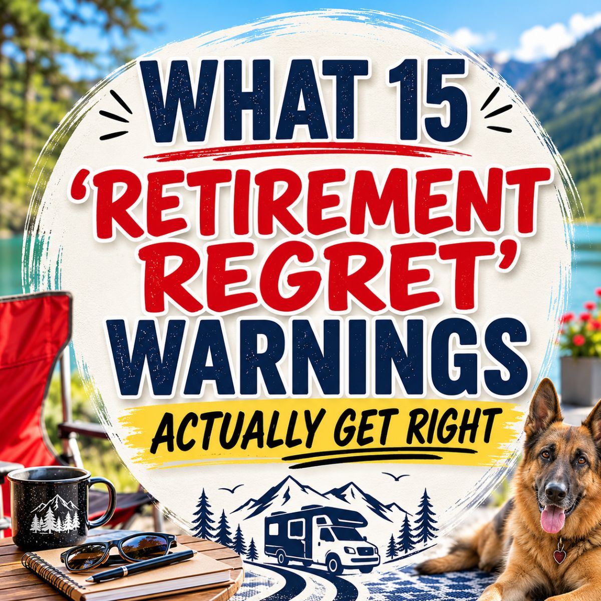 A sign reads, "What 15 'Retirement Regret' Warnings Actually Get Right," with outdoor scenery, a coffee mug, sunglasses, and a dog in the foreground—raising the question: Will You Regret Buying an RV?.