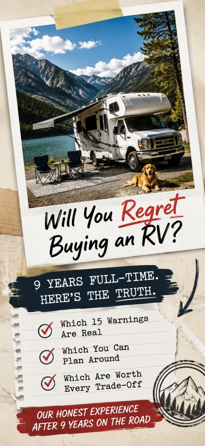 A large RV is parked by a tranquil lake, framed by towering mountains in the distance, while a loyal dog lies contentedly in front. The text explores 9 years of full-time RV living and the valuable lessons learned along the way, also addressing an important question for future travelers: Will You Regret Buying an RV?.