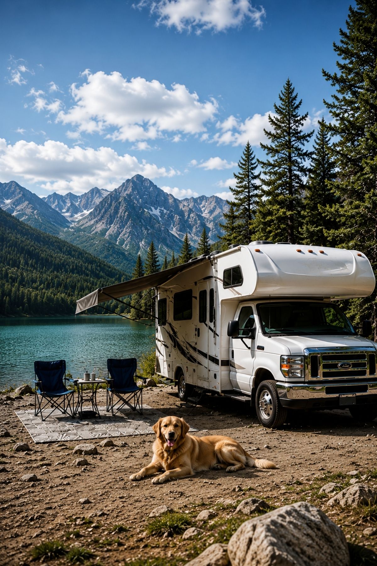 A golden retriever lies on the ground beside an RV parked by a lake, with two chairs and a table set up nearby—a peaceful scene that might make you wonder, Will You Regret Buying an RV? Pine trees and mountains rise in the background under a partly cloudy sky.