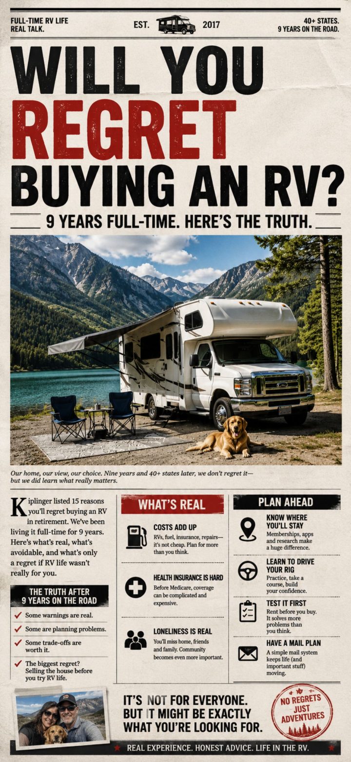 A white RV is parked by a lake with mountains in the background. The image is part of an infographic about long-term RV living, discussing pros, cons, and practical tips—including whether you might wonder, "Will You Regret Buying an RV?.