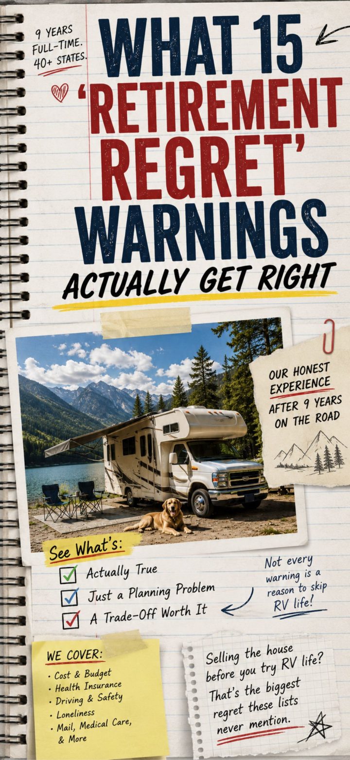 Notebook-style poster with RV by a lake and trees, listing retirement regret tips, warnings, and topics like cost, health, loneliness, and safety from long-term RV travelers’ perspective—including the important question: Will You Regret Buying an RV?.