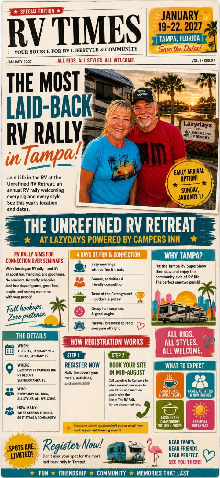 A smiling couple in blue shirts stand in front of an RV at a lively rv rally; text promotes an upcoming RV event in Tampa, Florida, January 19–22, 2027, with event details and registration info.