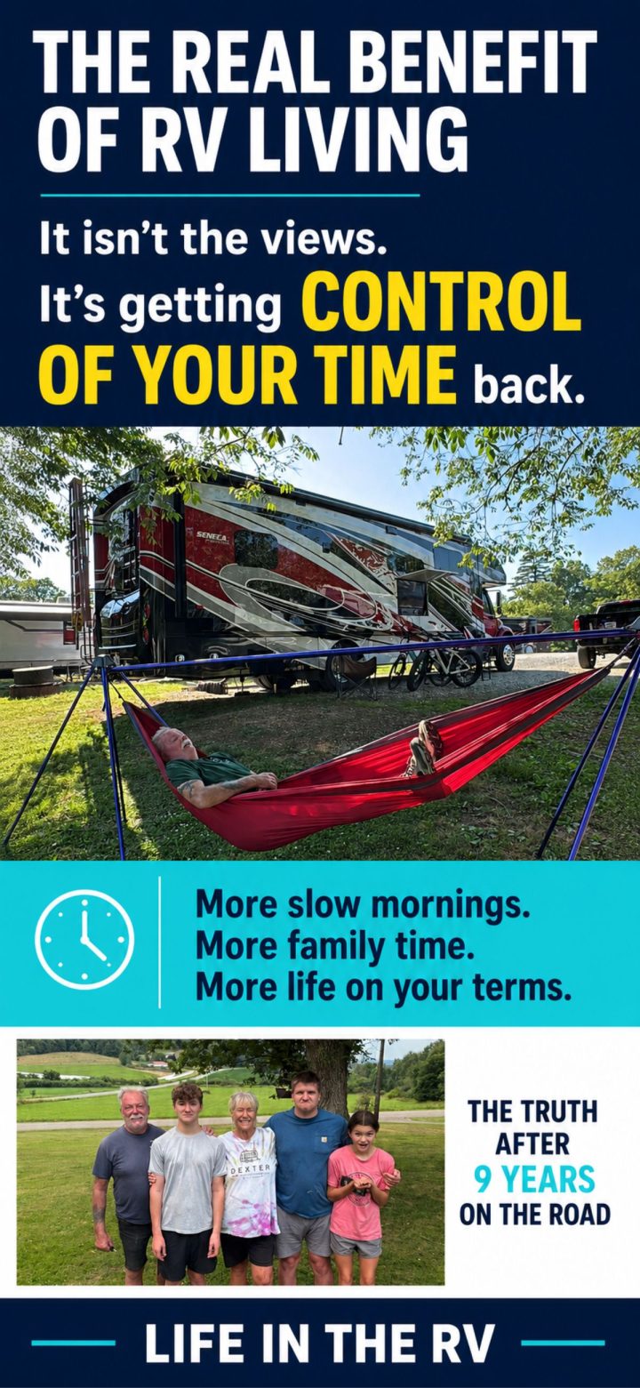 RV parked near trees, two people relaxing in a red hammock, and a family of six standing together outdoors—this scene perfectly captures the benefit of RV living: enjoying quality time with loved ones in beautiful natural settings while gaining control of your schedule and lifestyle.