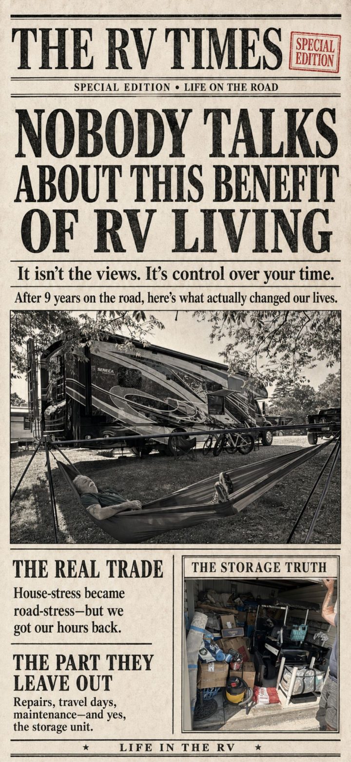 Front page of “The RV Times” featuring headlines about the benefit of RV living and the challenges it presents, with black-and-white photos of RVs and related themes.