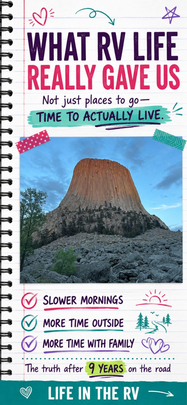 A large rock formation under a blue sky, with text highlighting the benefit of RV living—such as enjoying slower mornings, more time outside, and more opportunities for quality family time.
