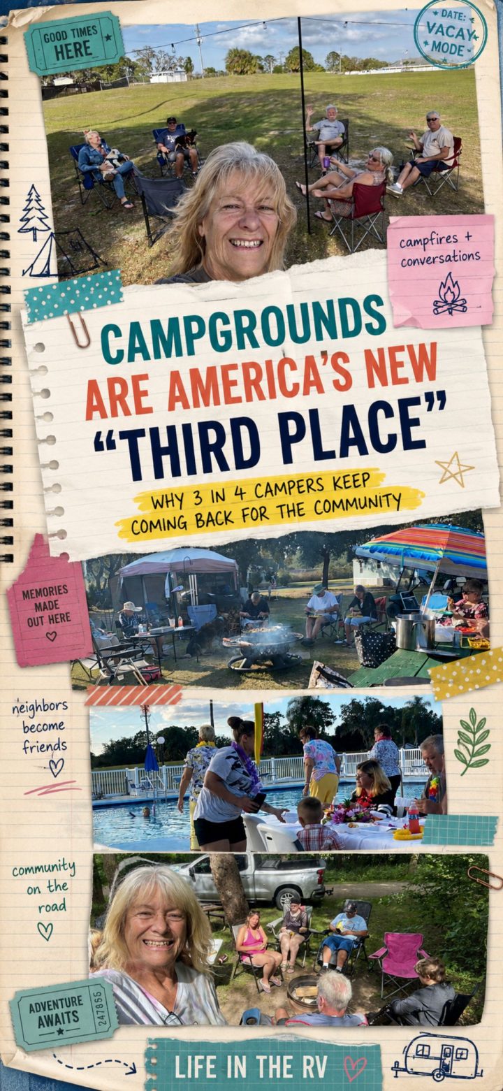 People gather at a campground, socializing around a firepit, sharing food, and enjoying outdoor activities with RVs and tents in the background. Text highlights the social aspect of camping, showing how campgrounds have become America’s new third place—a welcoming space where friends and families connect beyond home and work.