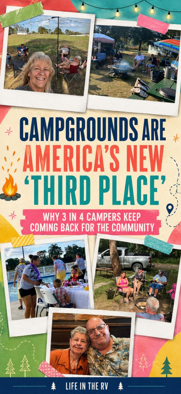 Collage of campers socializing outdoors at various campgrounds, with text stating that campgrounds are America’s new third place where 3 in 4 campers return for community; banner reads “Life in the RV.”.