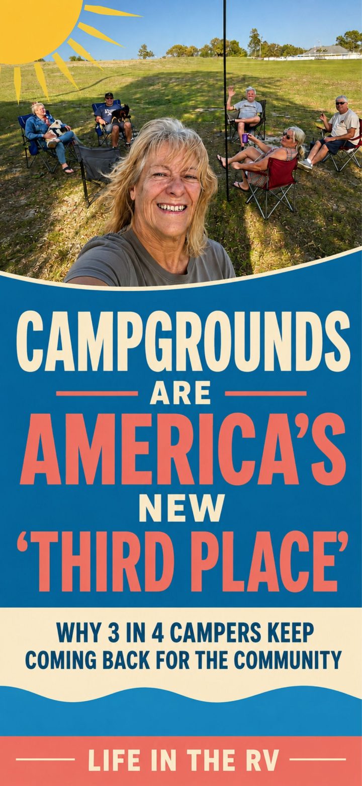 A group of people sit in camping chairs outdoors, smiling and relaxing, with text promoting campgrounds as America’s new third place and community gathering spot.