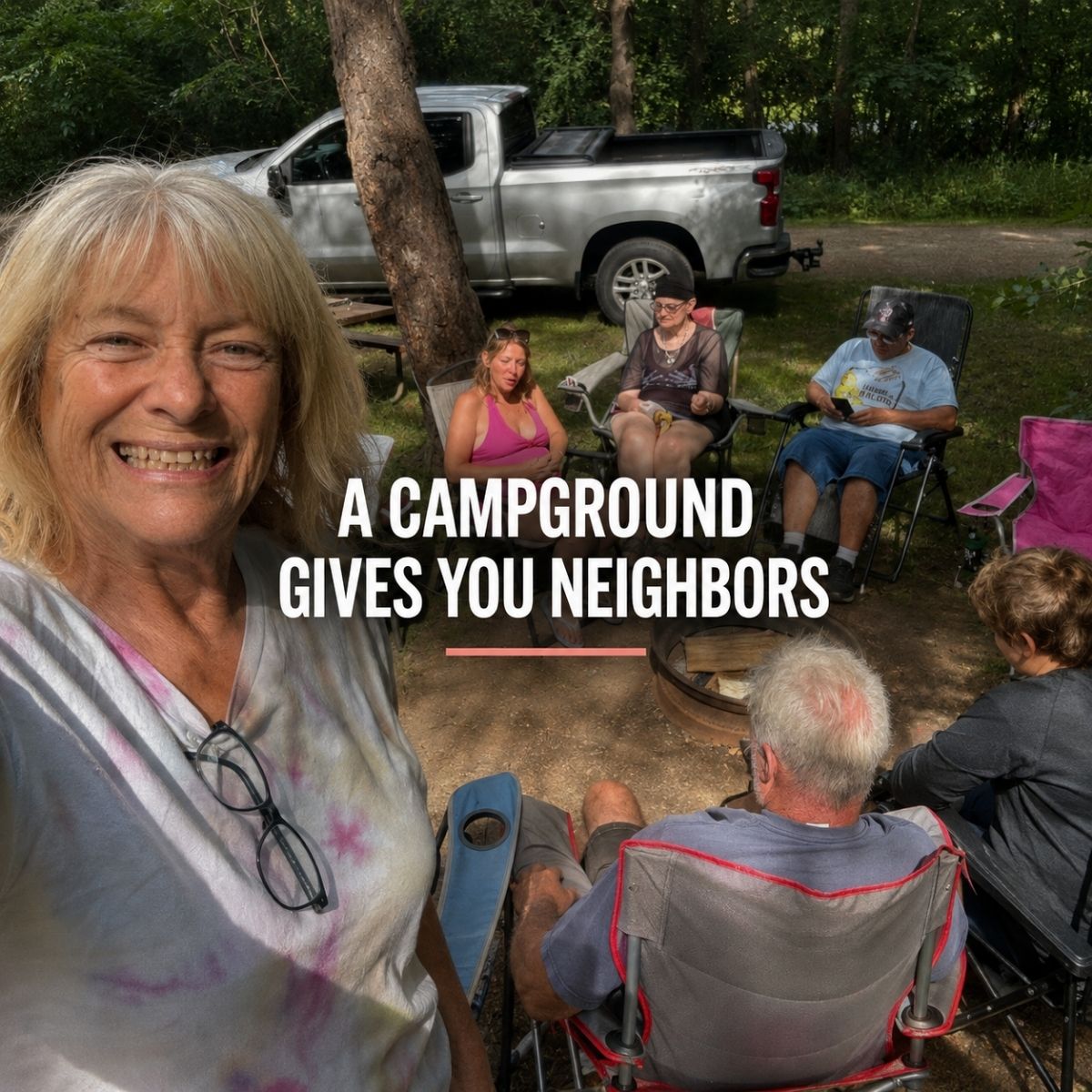 Six adults sit and relax in folding chairs at a wooded campsite near a parked pickup truck, while one woman in the foreground smiles and takes a selfie. Text reads, “A campground gives you neighbors—America’s new third place.”.