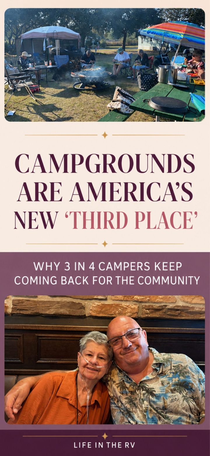 A campsite with tents and people outdoors; below, an older couple smiles and embraces, illustrating camping as America’s new third place—a welcoming social community space.