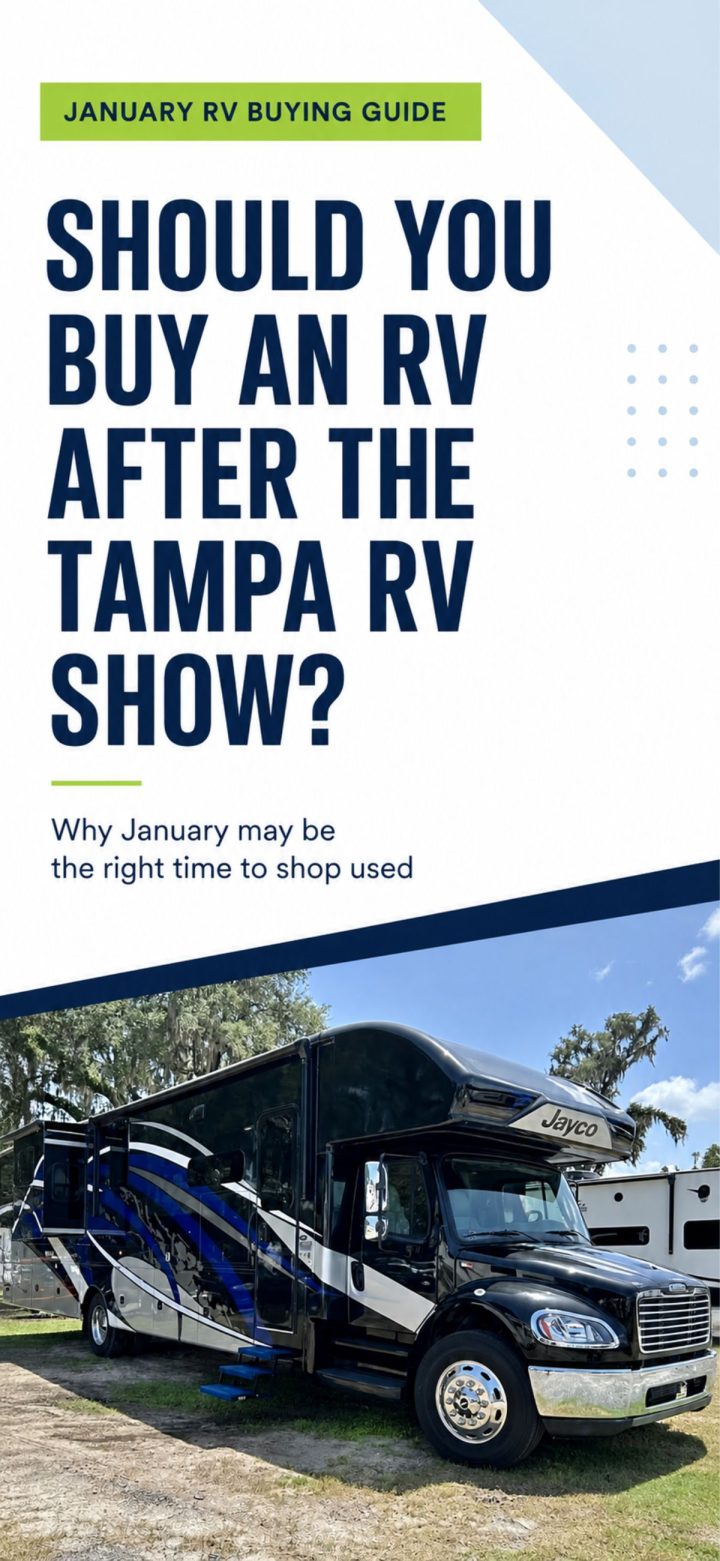 A large black and blue Jayco RV parked outdoors under trees, with text discussing essential tips on how to buy an RV after attending the Tampa RV Show.
