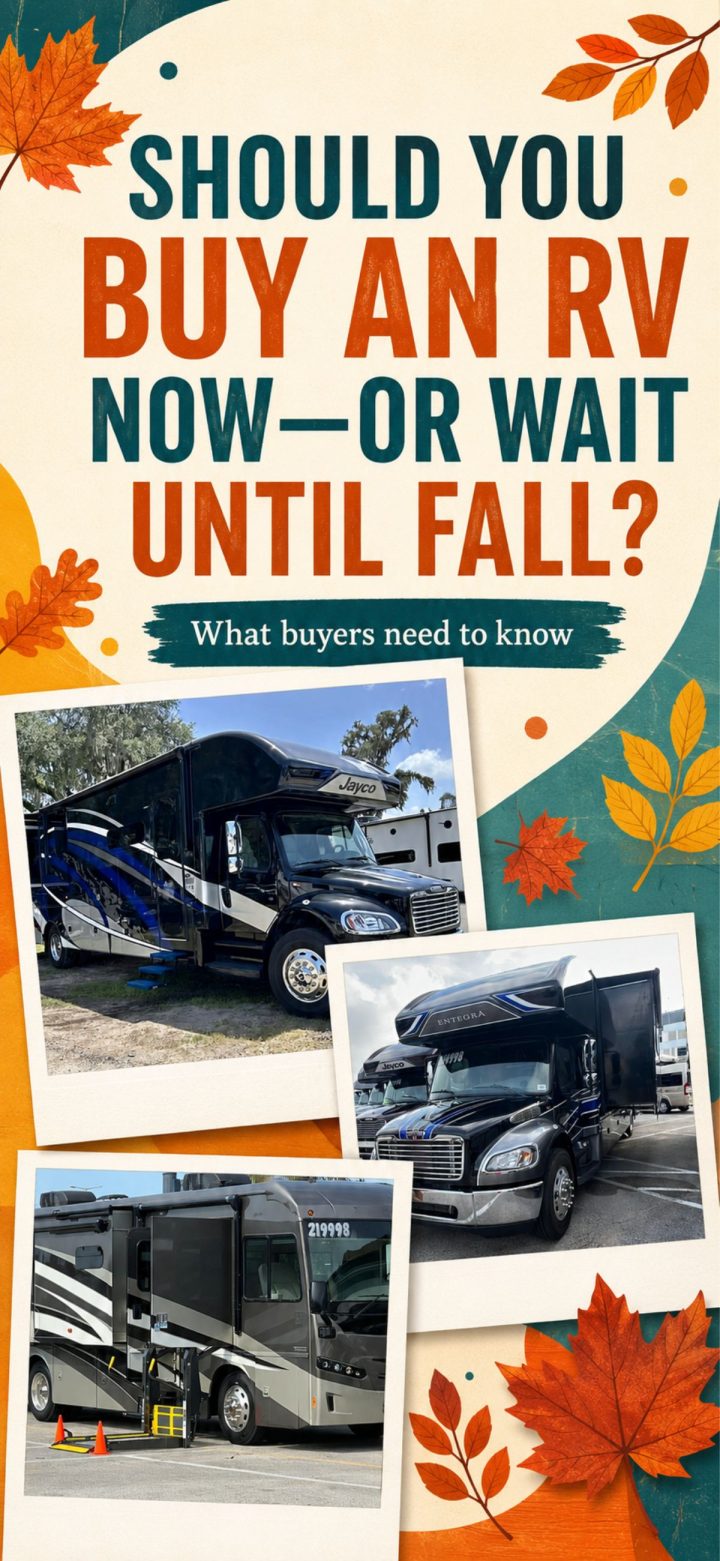 Informational graphic exploring whether buyers should buy an RV now or wait until fall, featuring photos of three RVs accented with decorative autumn leaves.