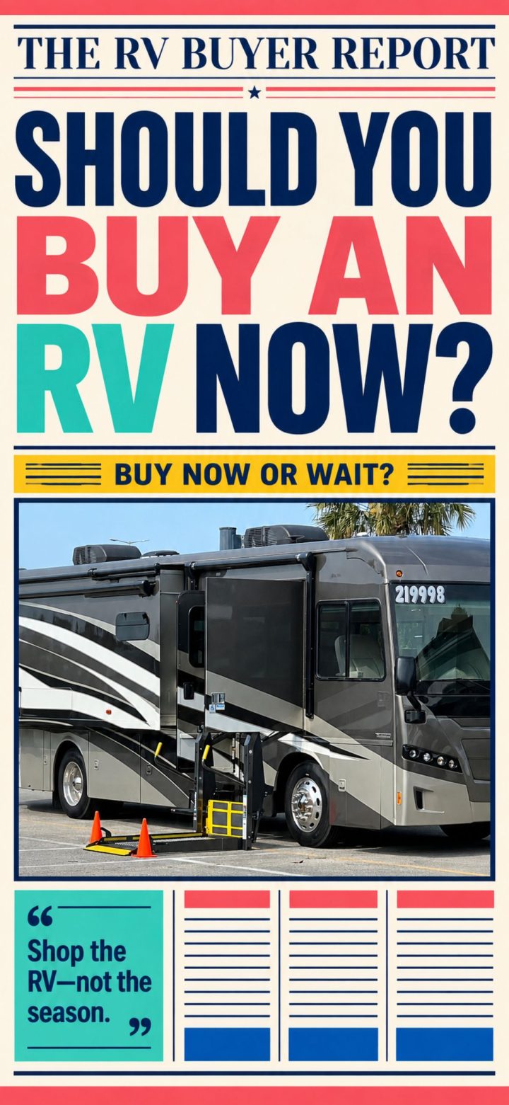 A large RV is parked with steps extended; bold text above asks if now is a good time to buy an RV.