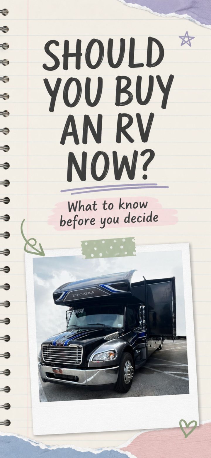 A large blue and black RV is parked outdoors under cloudy skies, with text above asking if now is a good time to buy an RV and what to know before deciding.