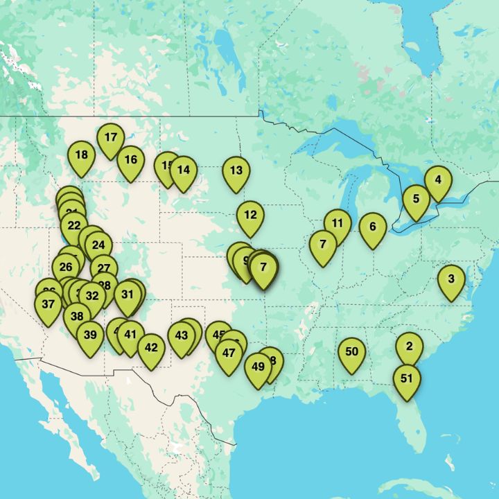 A numbered map shows 51 marked locations across the central and western United States, perfect for planning an RV road trip, with markers concentrated in the Midwest and Southwest regions.