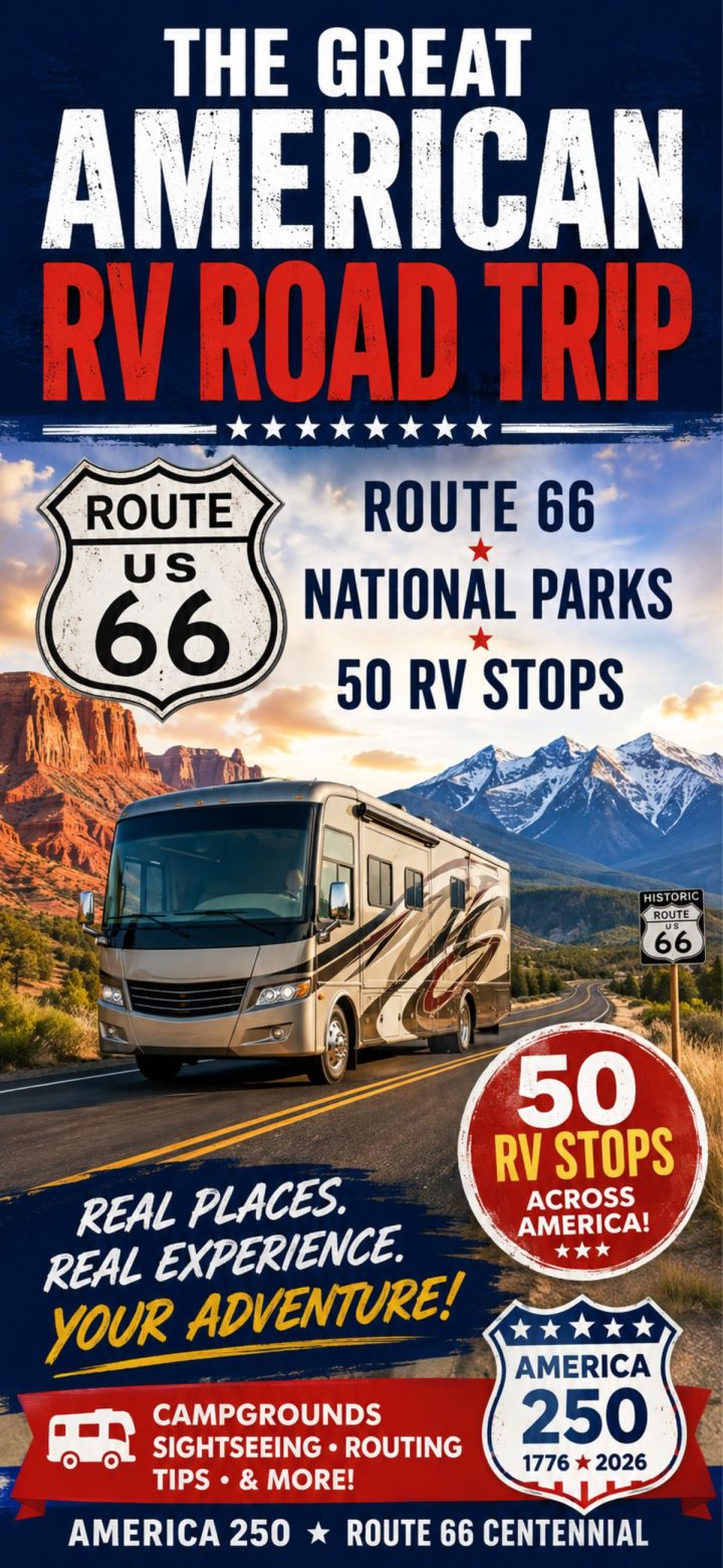 An RV drives on Route 66 with a desert landscape. Text promotes the “Great American RV Road Trip” and highlights 50 RV stops, U.S. national parks, and the America 250 Route 66 centennial—inviting travelers to experience the ultimate rv road trip adventure across this iconic highway.