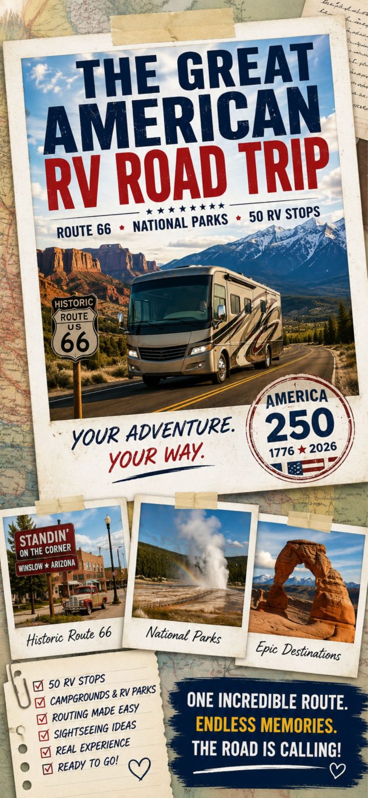 An RV travels along a scenic highway with red rock formations, mountains, and signs promoting a classic rv road trip on Route 66, national parks, and RV stops.