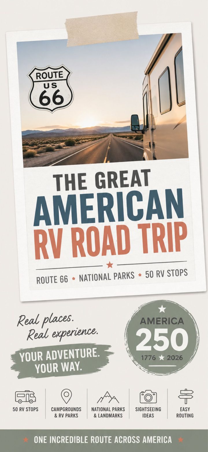 RV driving on an open highway at sunset, promoting “The Great American RV Road Trip” along Route 66 with info on parks, stops, and attractions for the ultimate rv road trip adventure.