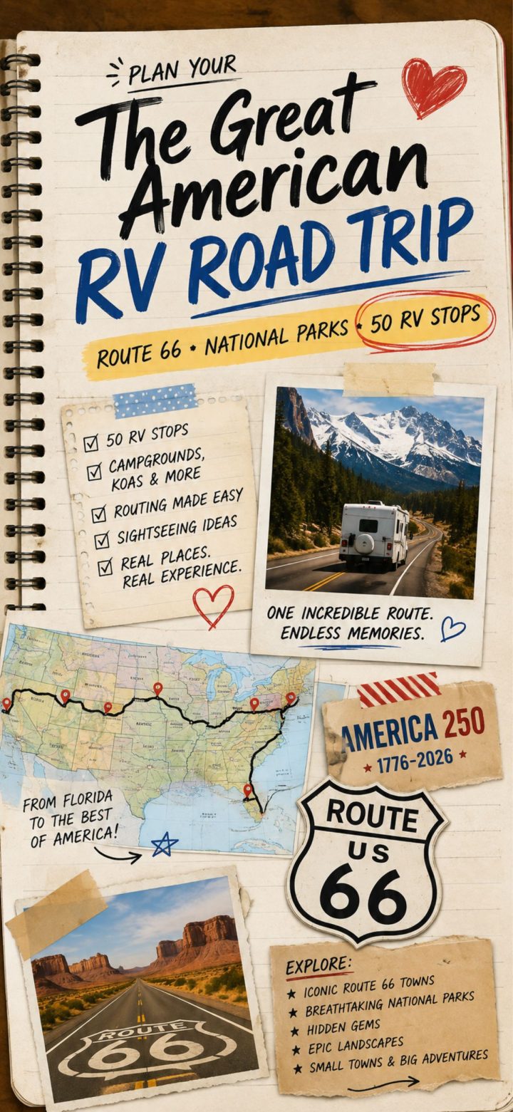 Notebook-style poster promoting a Great American RV road trip on Route 66, featuring maps, photos of campers, and text highlighting unforgettable stops, scenic routes, and exploration across iconic national parks.
