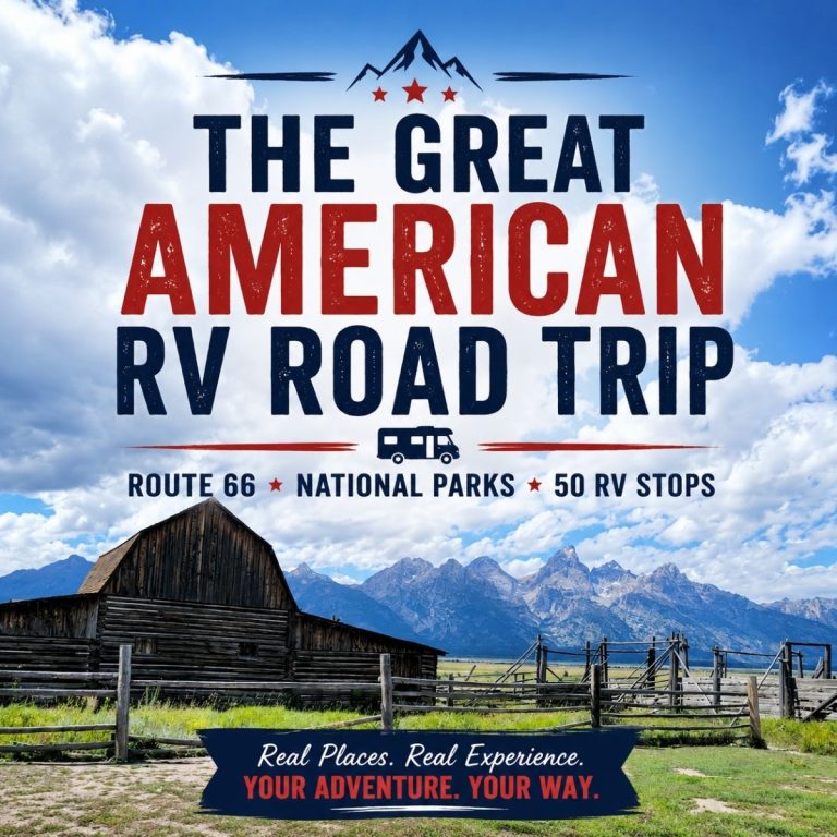 A rustic barn in front of mountains under a blue sky with text promoting “The Great American RV Road Trip.” Highlights include legendary Route 66, national parks, and 50 unforgettable RV road trip stops.